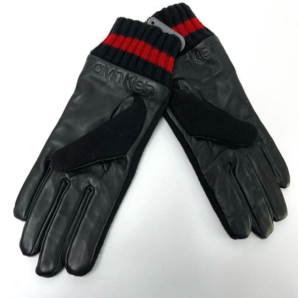 CALVIN KLEIN Leather & Wool Blend Gloves Striped Cuff NEW Black Red